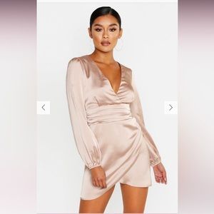 BooHoo satin wrap detail mini dress